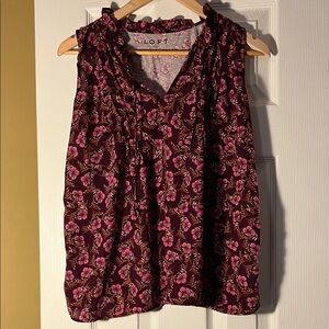 LOFT Women's Floral V-Neck Blouse - Burgundy and Pink